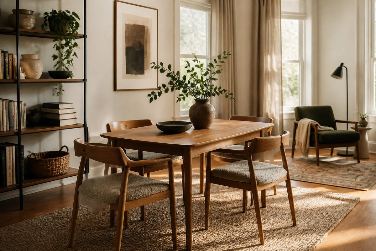 Warm modern dining and reading space with natural wood furniture