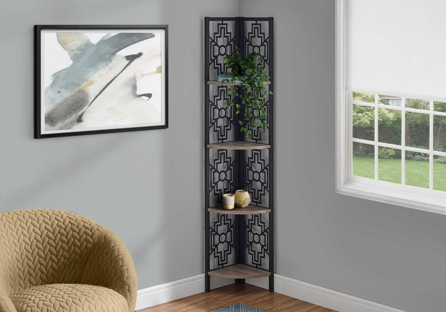 62" Dark Taupe Metal Corner Bookcase - FurniFindUSA