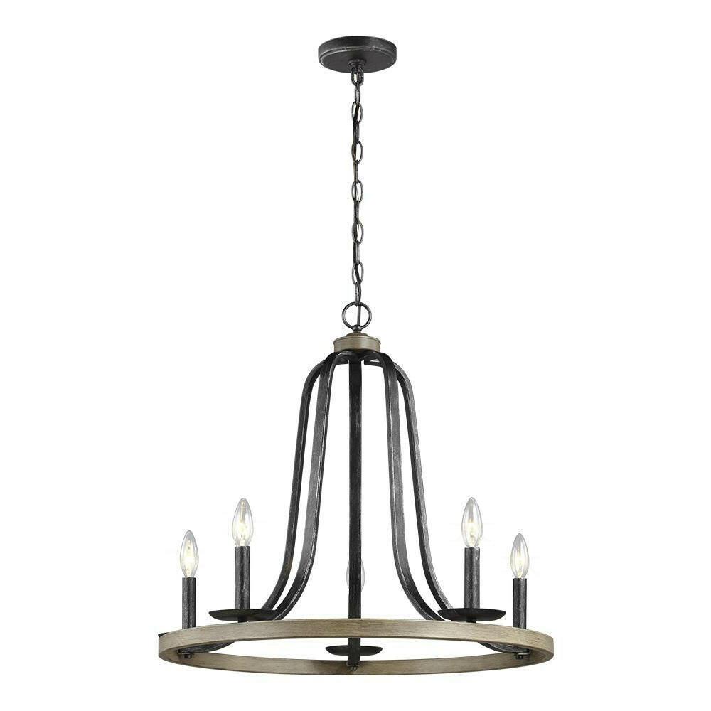 Rustic 5 Light Dimmable Farm Home Circle Metal Chandelier Oak Finish - FurniFindUSA