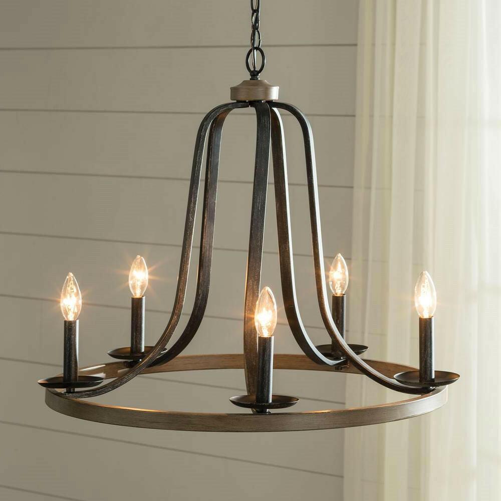 Rustic 5 Light Dimmable Farm Home Circle Metal Chandelier Oak Finish - FurniFindUSA