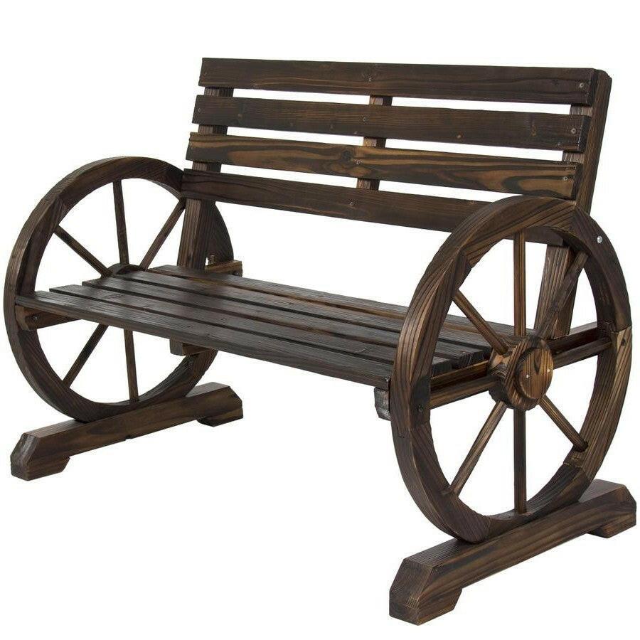 2 Person Farmhouse Wagon Wheel Wooden Bench - FurniFindUSA