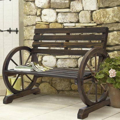 2 Person Farmhouse Wagon Wheel Wooden Bench - FurniFindUSA