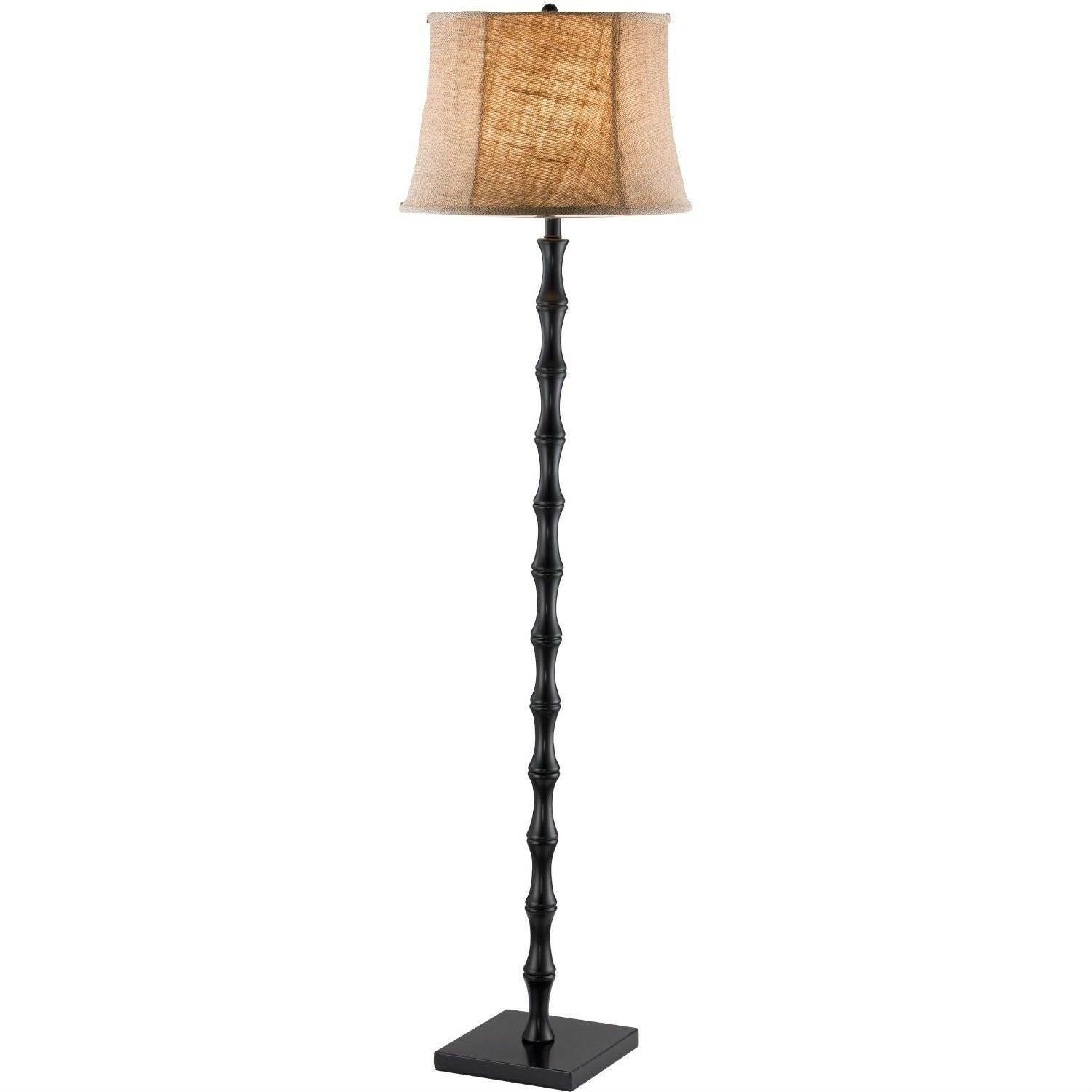 Traditional Floor Lamp with Black Metal Pole and Brown Burlap Bell Shade - FurniFindUSA