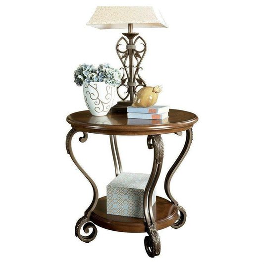 Accent End Table Nightstand in Brown Wood with Scrolling Metal Legs - FurniFindUSA