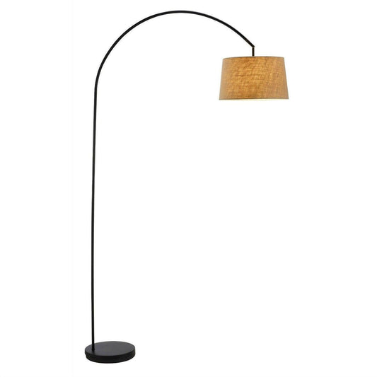 Modern Arching Floor Lamp in Matte Black with Taupe Burlap Fabric Drum Shade - FurniFindUSA