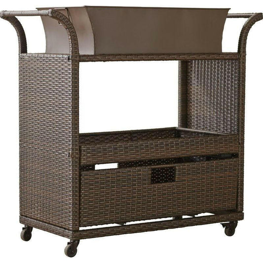 Outdoor Sturdy Resin Wicker Serving Bar Cart with Tray Brown Rattan - FurniFindUSA
