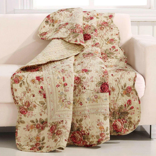 Red Pink Gold Ecru Floral Roses Quilt Throw Blanket in 100% Cotton - FurniFindUSA