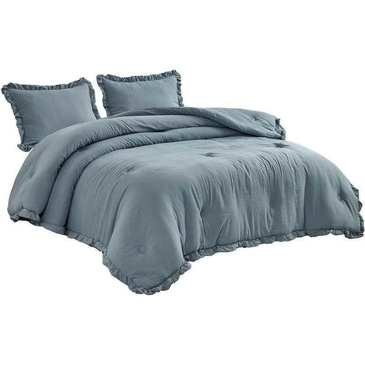 Full Size Blue Stone Washed Ruffled Edge Microfiber 3-Piece Comforter Set - FurniFindUSA