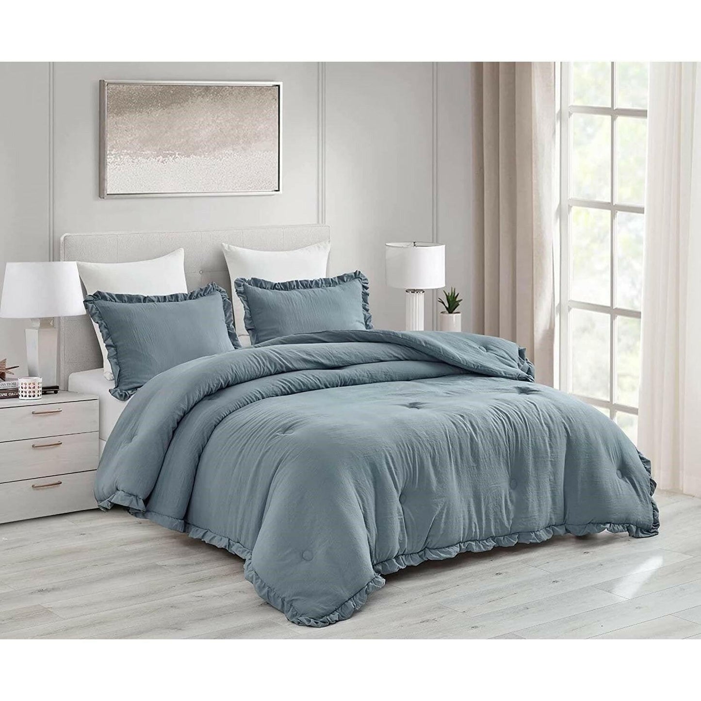 Full Size Blue Stone Washed Ruffled Edge Microfiber 3-Piece Comforter Set - FurniFindUSA