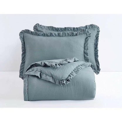 Full Size Blue Stone Washed Ruffled Edge Microfiber 3-Piece Comforter Set - FurniFindUSA