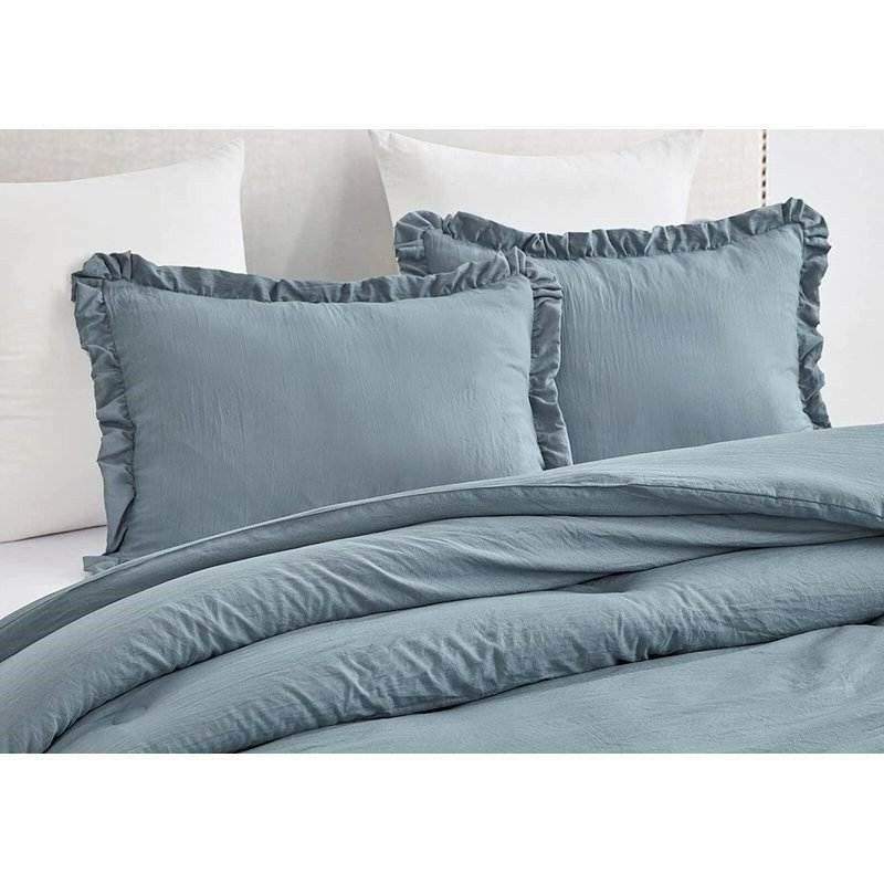 Full Size Blue Stone Washed Ruffled Edge Microfiber 3-Piece Comforter Set - FurniFindUSA