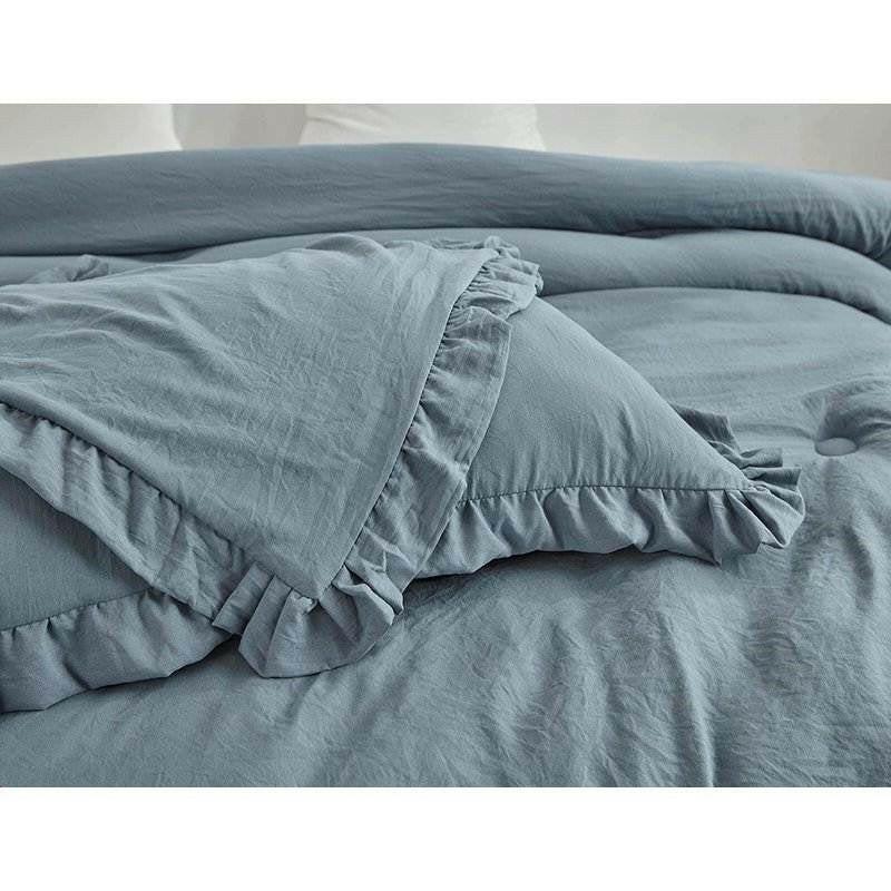 Full Size Blue Stone Washed Ruffled Edge Microfiber 3-Piece Comforter Set - FurniFindUSA