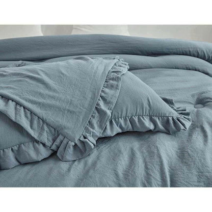 Queen Oversized Blue Ruffled Edge Microfiber Comforter Set - FurniFindUSA