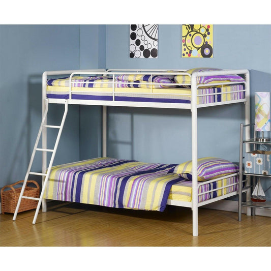Twin over Twin Bunk Bed with Ladder in White Metal Finish - FurniFindUSA