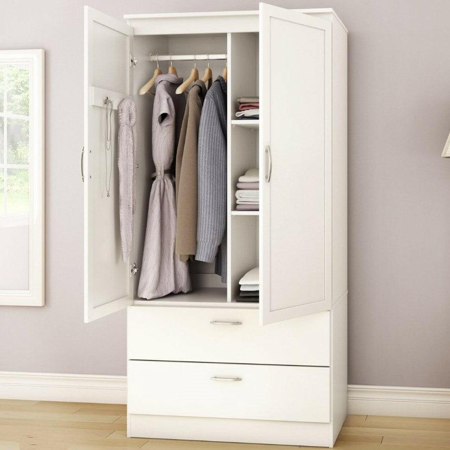 White Armoire Bedroom Clothes Storage Wardrobe Cabinet with 2 Drawers - FurniFindUSA