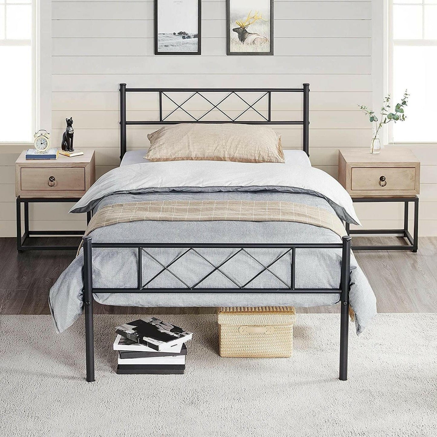 Twin Size Traditional Powder Coated Slatted Metal Platform Bed - FurniFindUSA