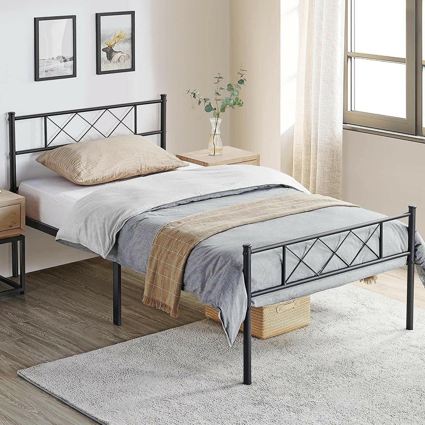 Twin Size Traditional Powder Coated Slatted Metal Platform Bed - FurniFindUSA