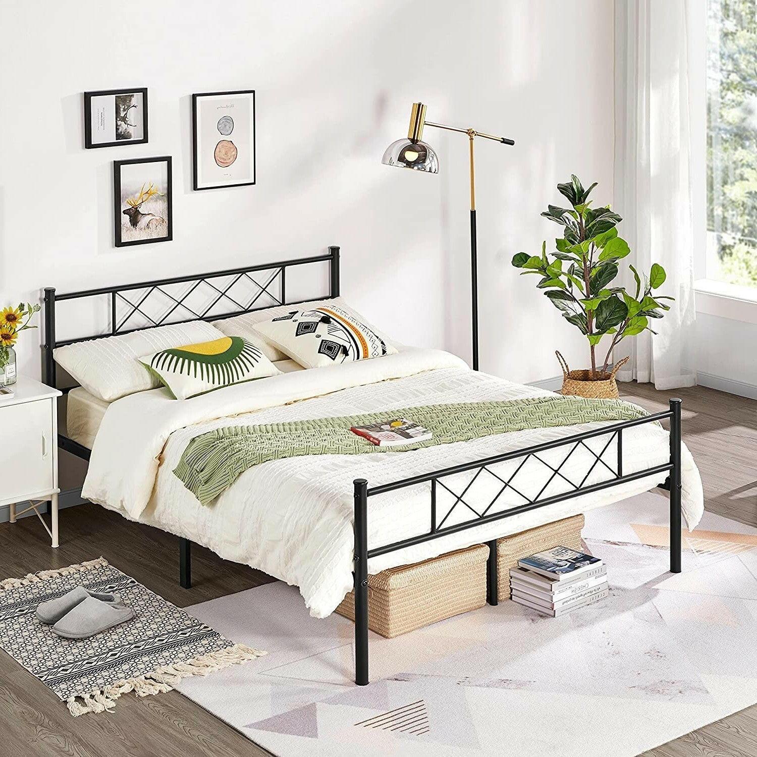 Queen Size Traditional Powder Coated Slatted Metal Platform Bed - FurniFindUSA