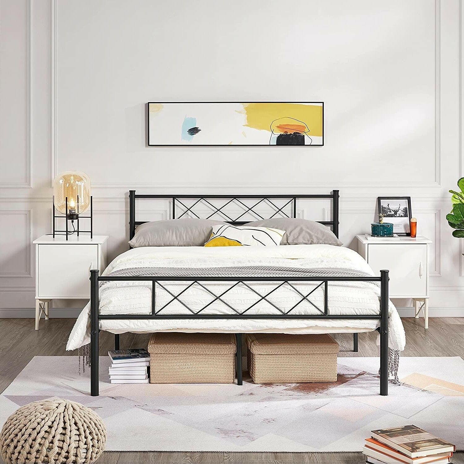 Queen Size Traditional Powder Coated Slatted Metal Platform Bed - FurniFindUSA