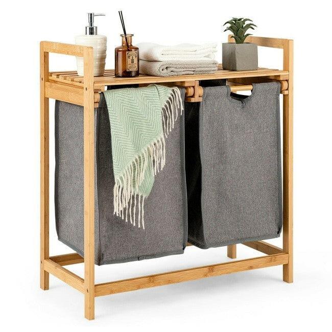 Natural Bamboo 2 Bin Sliding Laundry Hamper with Storage Shelf - FurniFindUSA