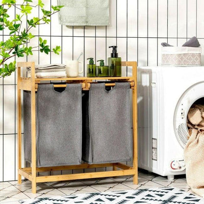 Natural Bamboo 2 Bin Sliding Laundry Hamper with Storage Shelf - FurniFindUSA