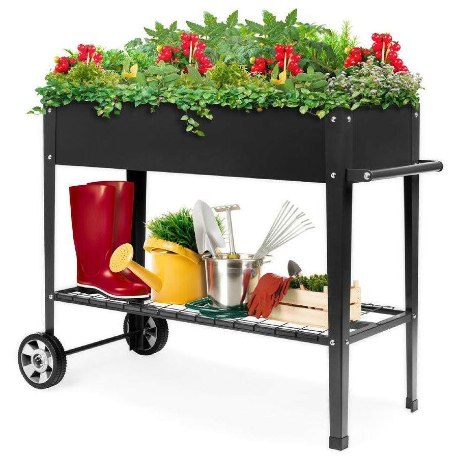 Mobile Black Metal Garden Potting Bench with Push Handle Wheels - FurniFindUSA