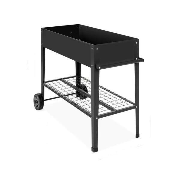 Mobile Black Metal Garden Potting Bench with Push Handle Wheels - FurniFindUSA