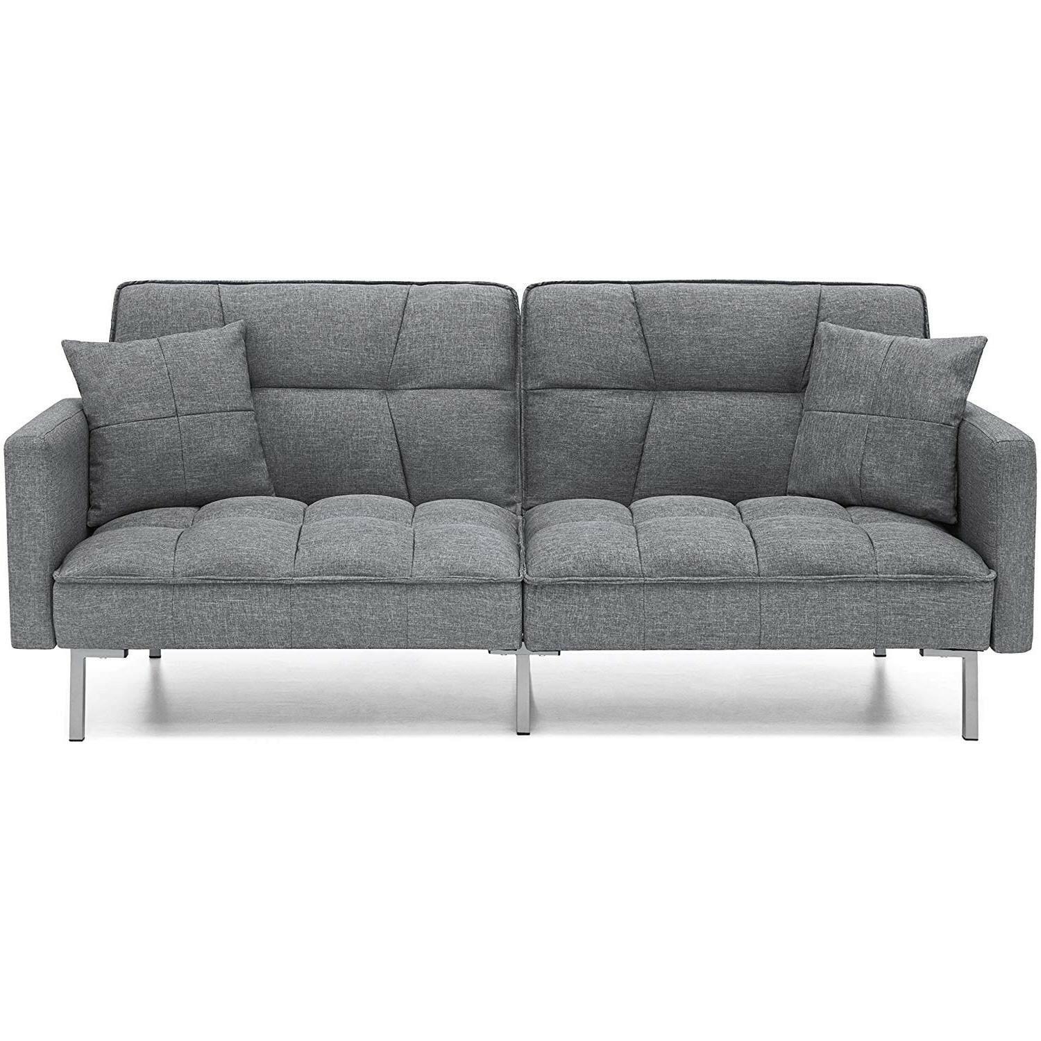 Modern Grey Linen Split-Back Futon Sofa Bed Couch - FurniFindUSA