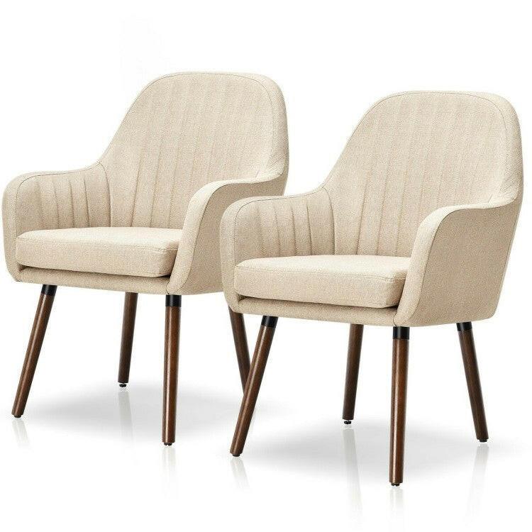 Set of 2 Retro Off-White Linen Upholstered Accent Chair with Stylish Wood Legs - FurniFindUSA