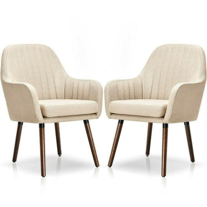 Set of 2 Retro Off-White Linen Upholstered Accent Chair with Stylish Wood Legs - FurniFindUSA