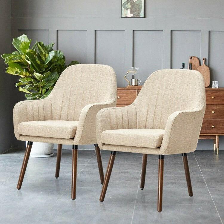 Set of 2 Retro Off-White Linen Upholstered Accent Chair with Stylish Wood Legs - FurniFindUSA