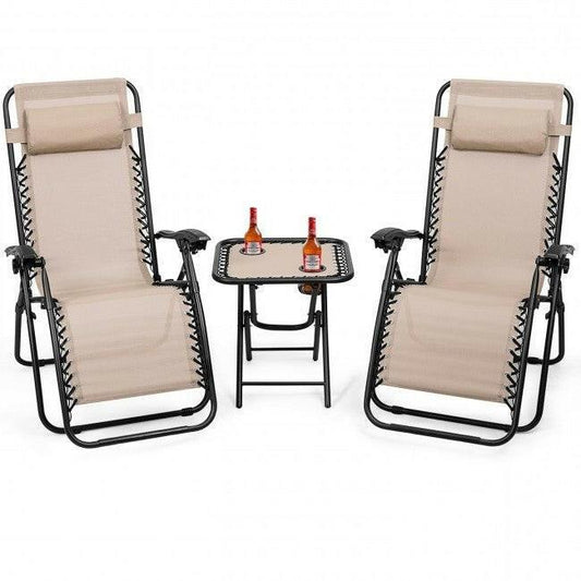 3 Piece Folding Portable Reclining Lounge Chairs Table Set Tan - FurniFindUSA