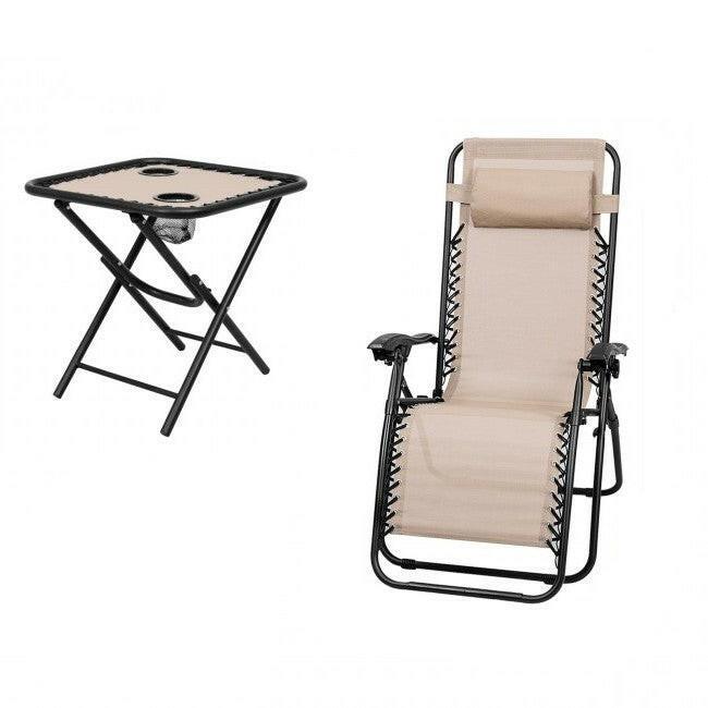 3 Piece Folding Portable Reclining Lounge Chairs Table Set Tan - FurniFindUSA