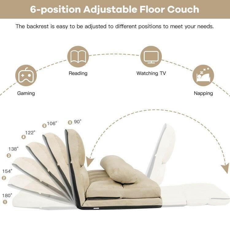 Faux Suede Minimalist 5 Tilt Foldable Floor Sofa Bed Detachable Cloth Cover in Beige - FurniFindUSA