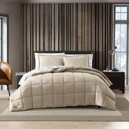 Full/Queen Plush Sherpa Reversible Micro Suede Comforter Set in Beige - FurniFindUSA