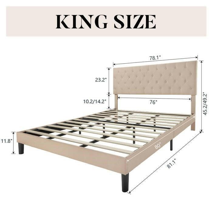 King Size Beige Linen Upholstered Platform Bed with Button-Tufted Headboard - FurniFindUSA