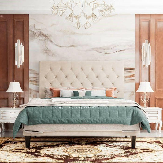 Queen Size Beige Linen Upholstered Platform Bed with Button-Tufted Headboard - FurniFindUSA