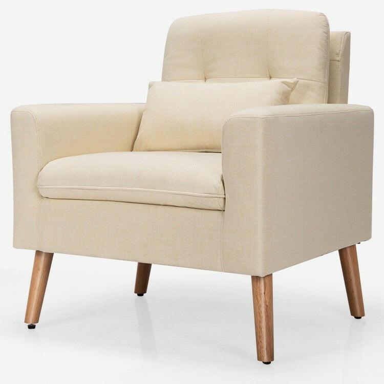 Beige Linen Mid-Century Modern Living Room Accent Chair with Pillow - FurniFindUSA