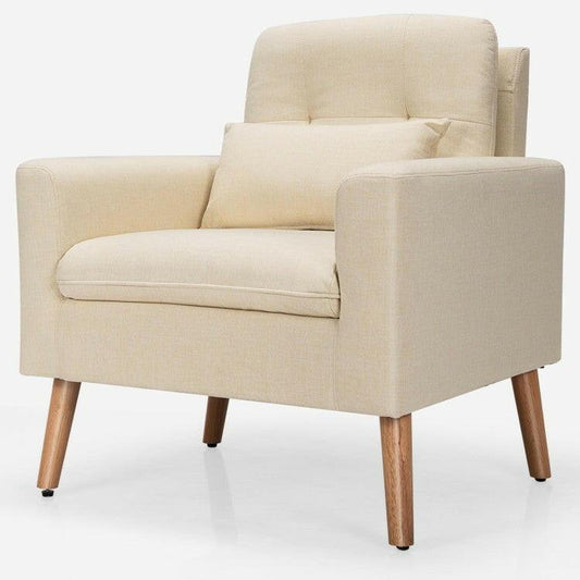 Beige Linen Mid-Century Modern Living Room Accent Chair with Pillow - FurniFindUSA