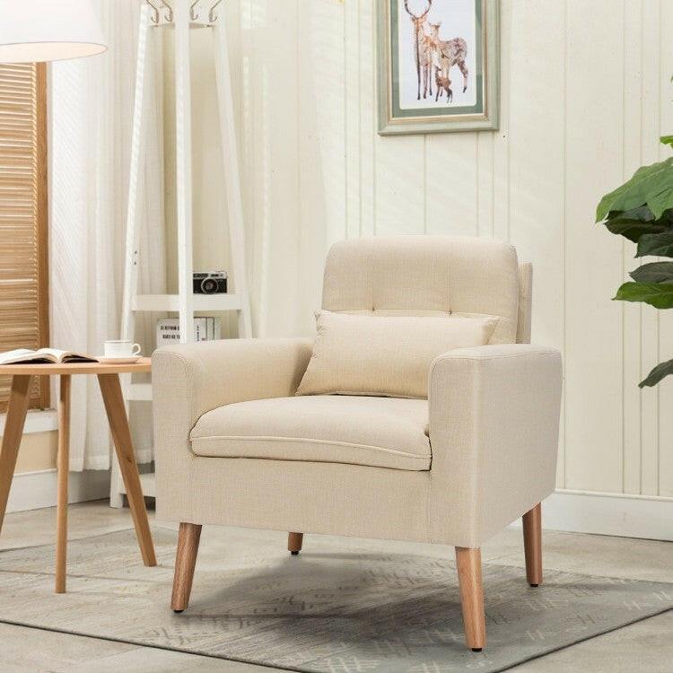 Beige Linen Mid-Century Modern Living Room Accent Chair with Pillow - FurniFindUSA