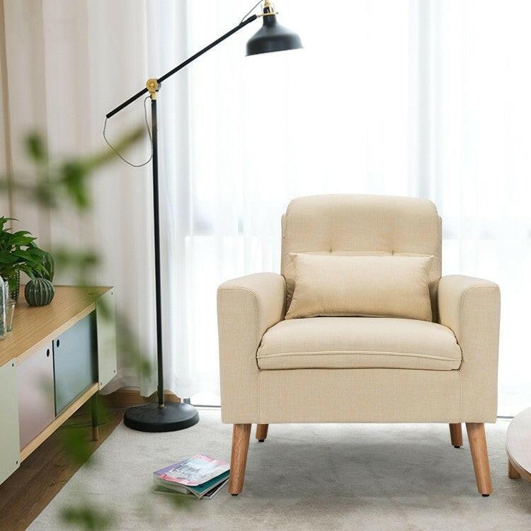 Beige Linen Mid-Century Modern Living Room Accent Chair with Pillow - FurniFindUSA