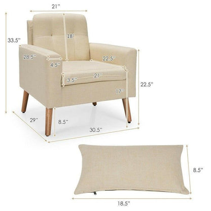 Beige Linen Mid-Century Modern Living Room Accent Chair with Pillow - FurniFindUSA