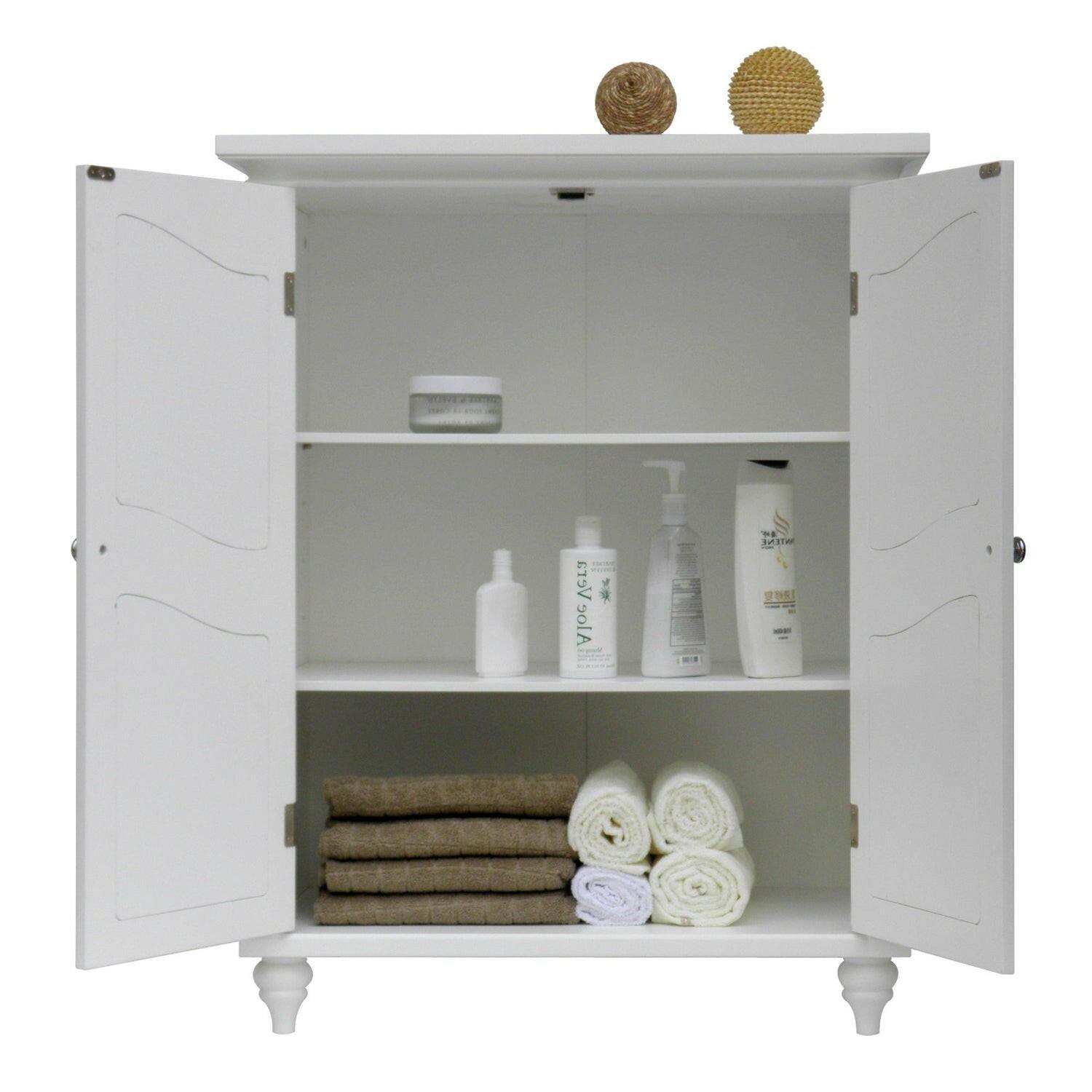 Bathroom Linen Storage Floor Cabinet with 2-Doors in White Wood Finish - FurniFindUSA