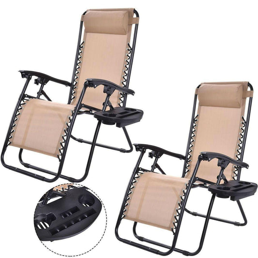 Set of 2 Beige Folding Outdoor Zero Gravity Lounge Chair Recliner - FurniFindUSA