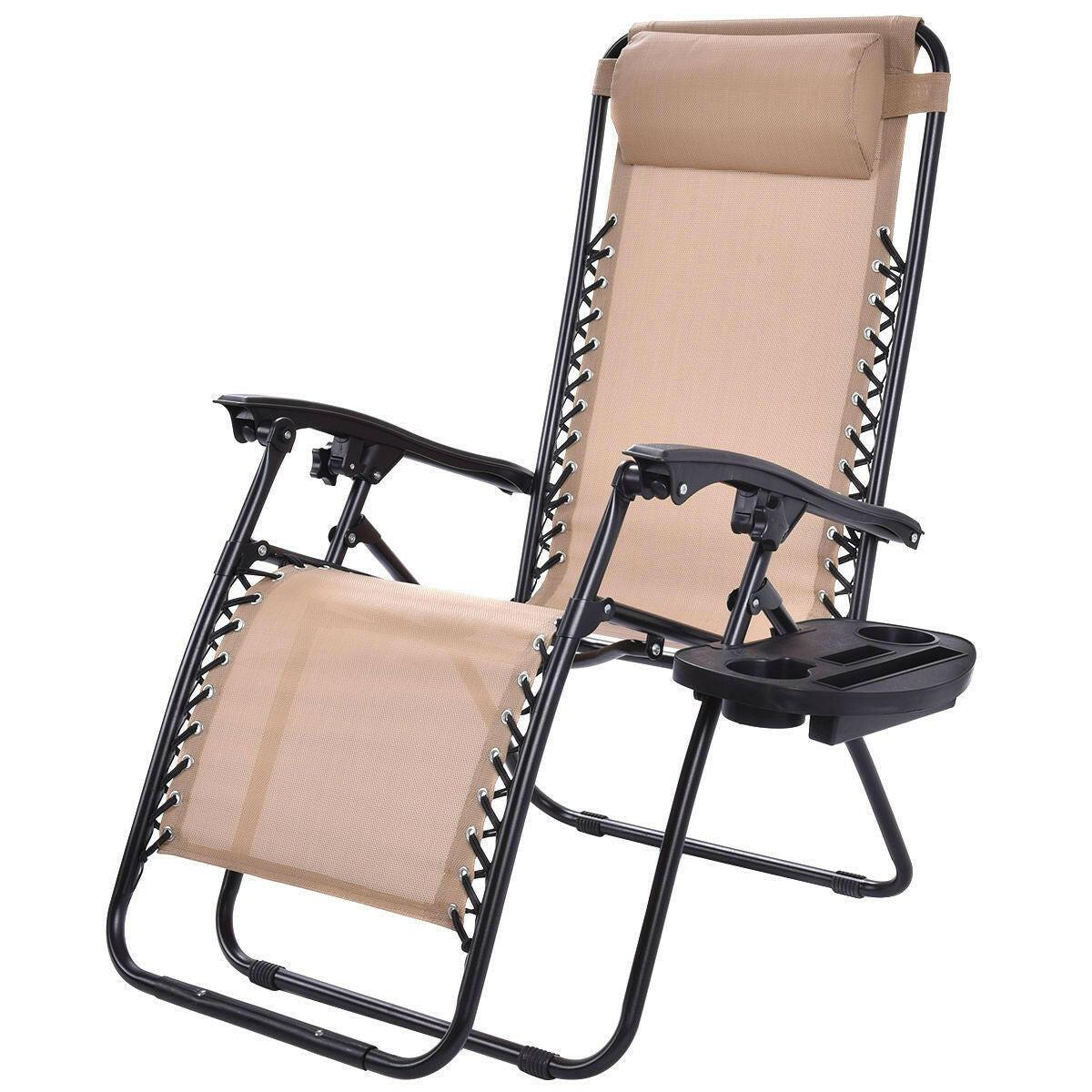 Set of 2 Beige Folding Outdoor Zero Gravity Lounge Chair Recliner - FurniFindUSA