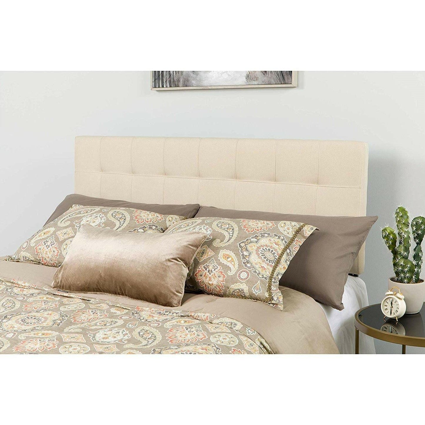 Full size Beige Taupe Fabric Box-Stitch Upholstered Headboard - FurniFindUSA