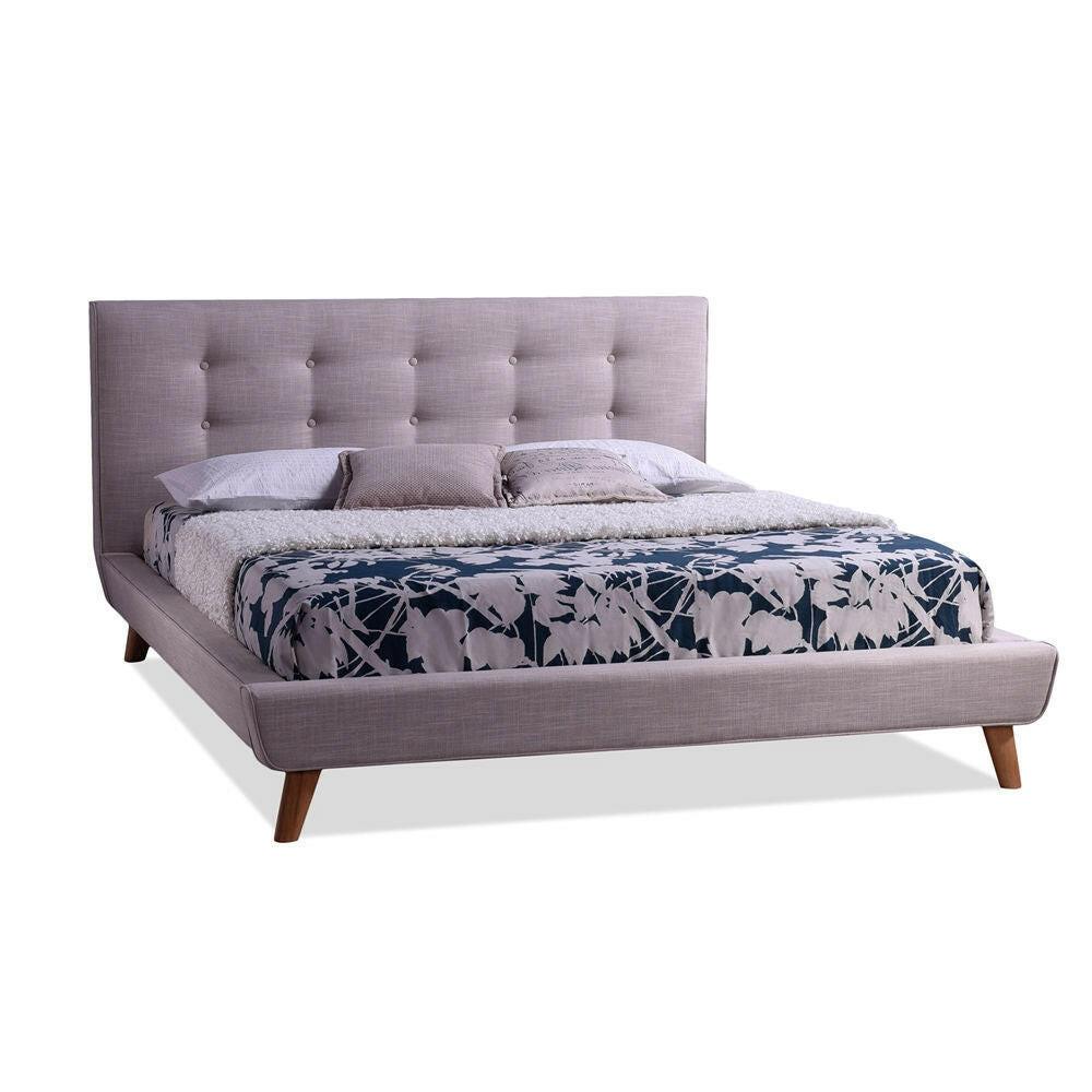 Full size Beige Linen Upholstered Platform Bed with Button Tufted Headboard - FurniFindUSA