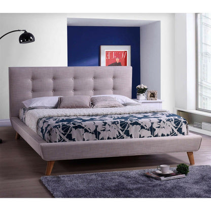 Full size Beige Linen Upholstered Platform Bed with Button Tufted Headboard - FurniFindUSA