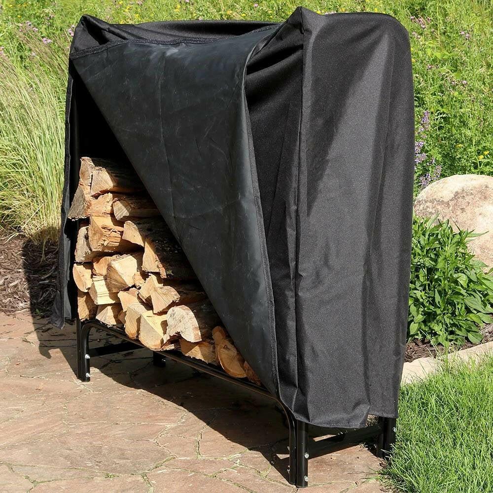 4-Ft Indoor Outdoor Black Metal Firewood Holder Log Rack with Cover - FurniFindUSA