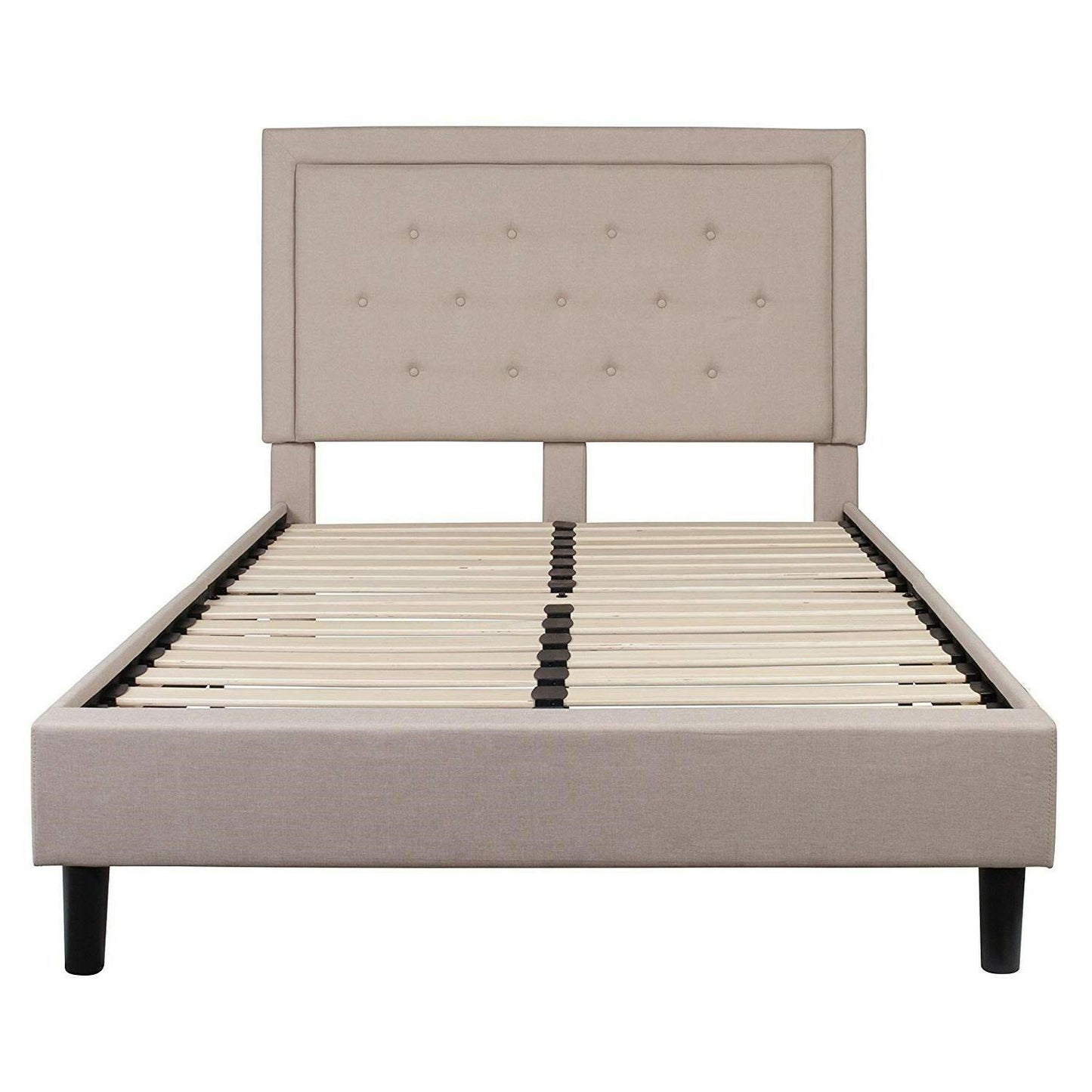 Full Beige Fabric Upholstered Platform Bed Frame with Tufted Headboard - FurniFindUSA